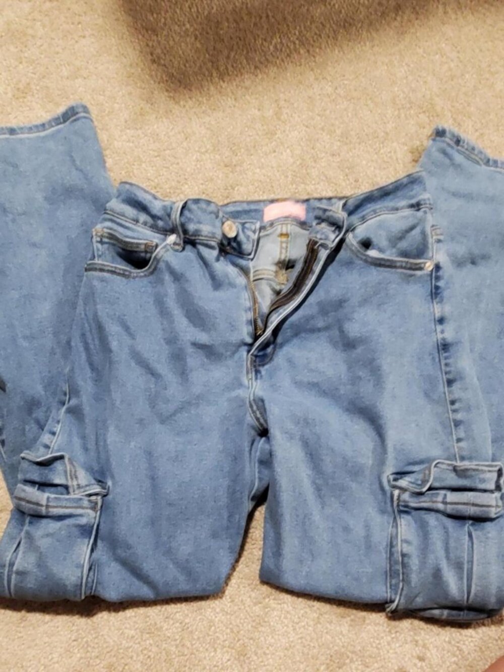 High-Waisted Medium Wash Denim Cargo Flare Jeans Wide Leg